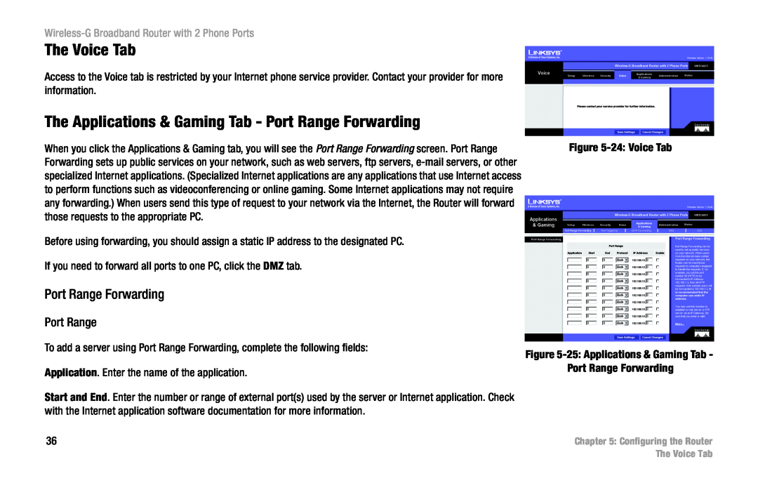 Linksys WRT54GP2 manual The Voice Tab, The Applications & Gaming Tab - Port Range Forwarding 