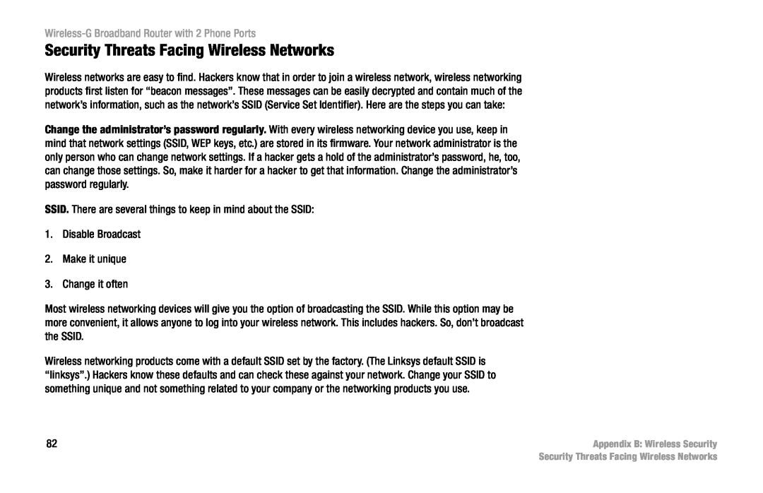Linksys WRT54GP2 manual Security Threats Facing Wireless Networks, Wireless-G Broadband Router with 2 Phone Ports 