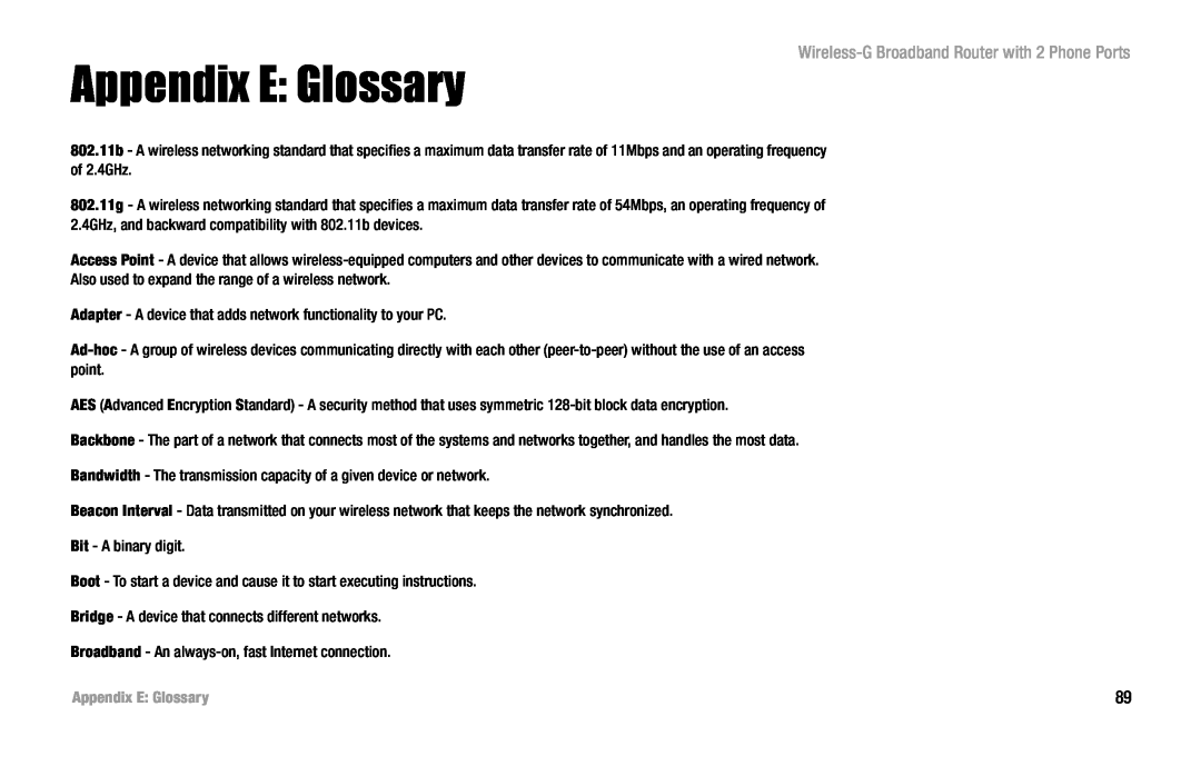 Linksys WRT54GP2 manual Appendix E Glossary, Wireless-G Broadband Router with 2 Phone Ports 