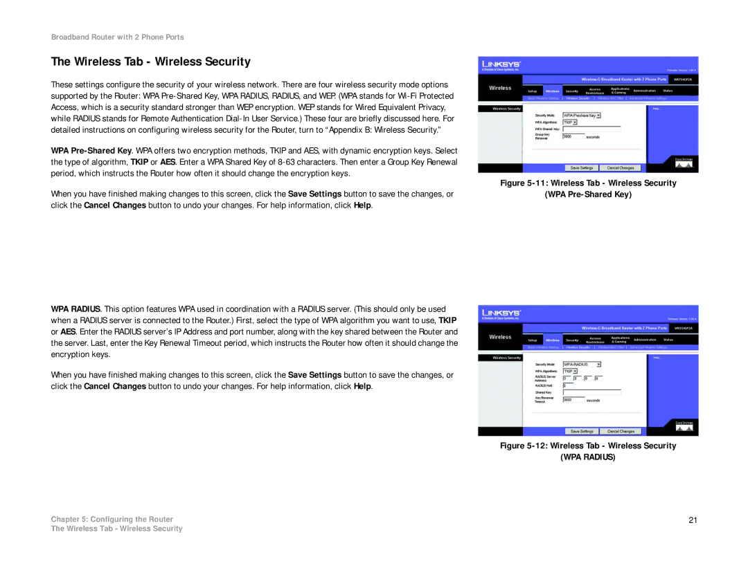 Linksys WRT54GP2A-AT manual Wireless Tab Wireless Security, WPA Radius 