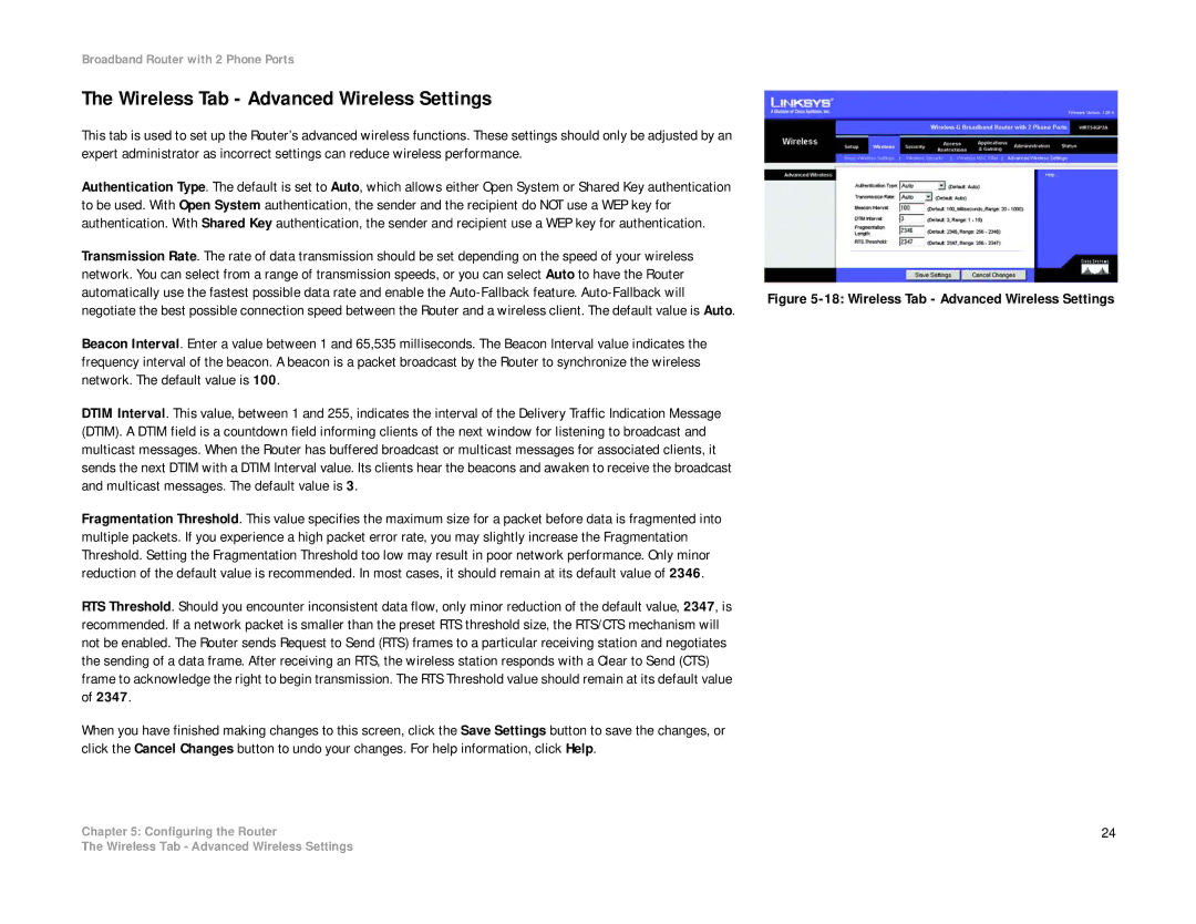 Linksys WRT54GP2A-AT manual Wireless Tab Advanced Wireless Settings 