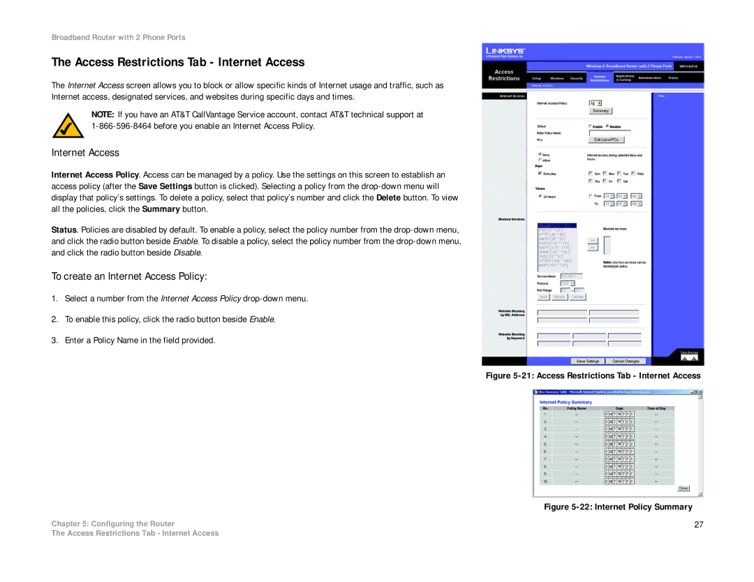 Linksys WRT54GP2A-AT manual Access Restrictions Tab Internet Access, To create an Internet Access Policy 