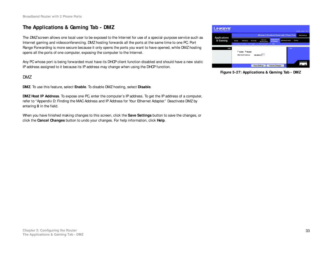Linksys WRT54GP2A-AT manual Applications & Gaming Tab DMZ, Dmz 