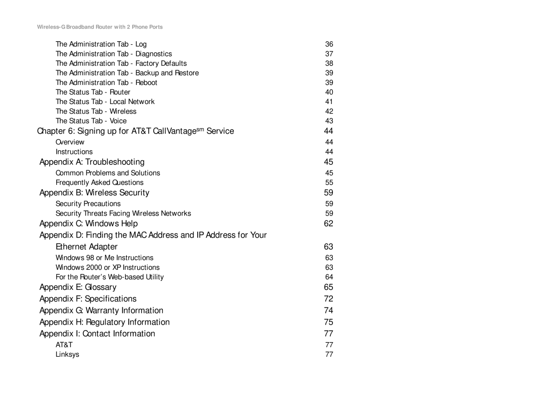 Linksys WRT54GP2A-AT Signing up for AT&T CallVantagesm Service, Appendix a Troubleshooting, Appendix B Wireless Security 