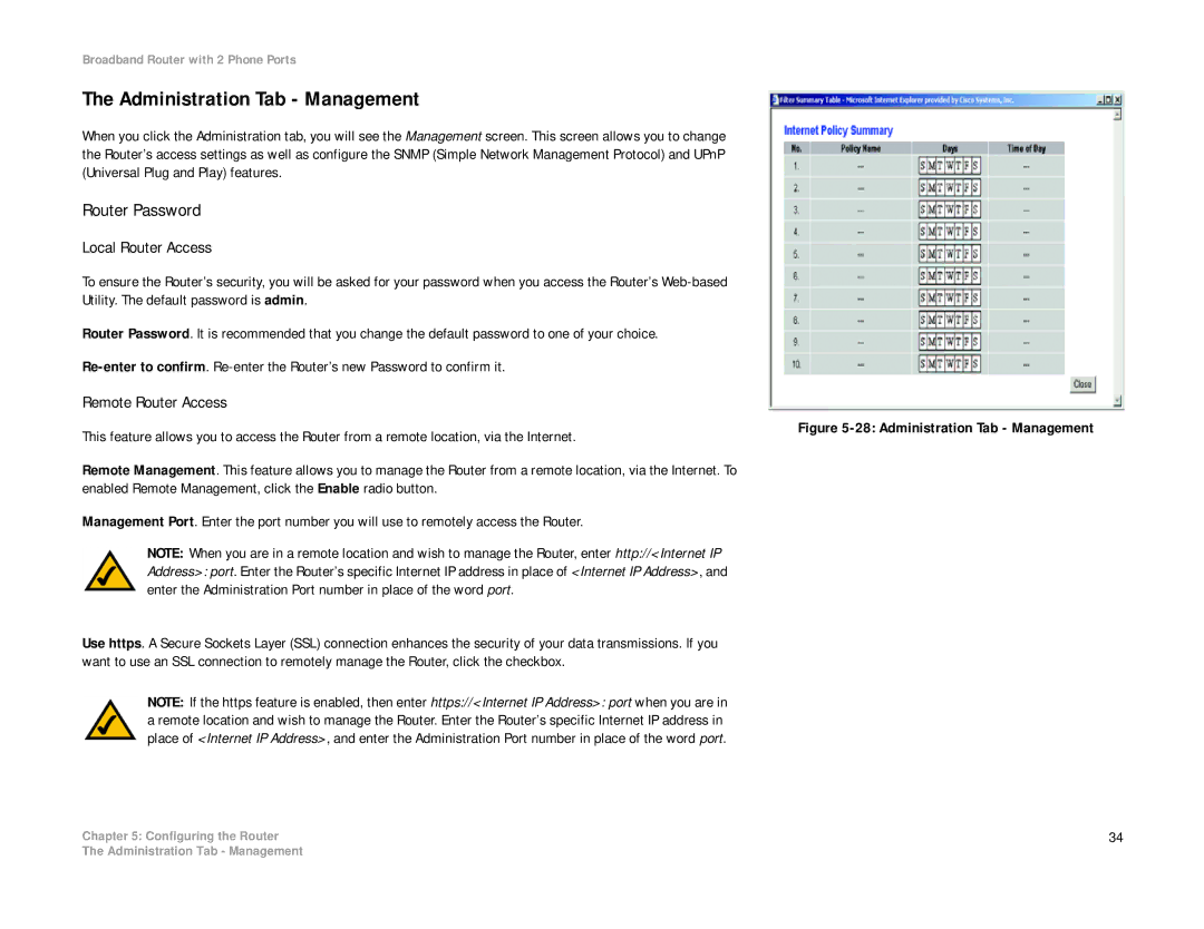 Linksys WRT54GP2A-AT manual Administration Tab Management, Router Password, Local Router Access, Remote Router Access 