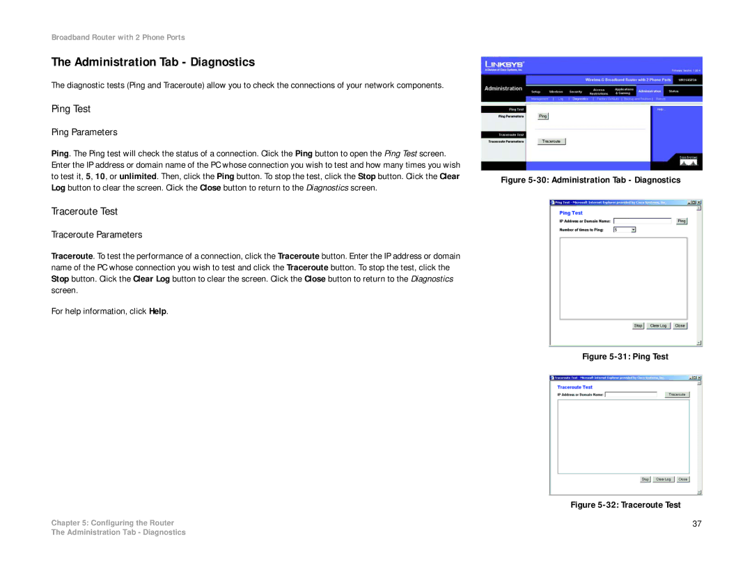 Linksys WRT54GP2A-AT Administration Tab Diagnostics, Ping Test, Traceroute Test, Ping Parameters, Traceroute Parameters 