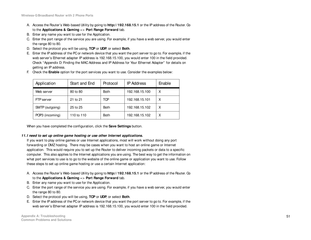 Linksys WRT54GP2A-AT manual Application Start and End Protocol IP Address Enable, Tcp 