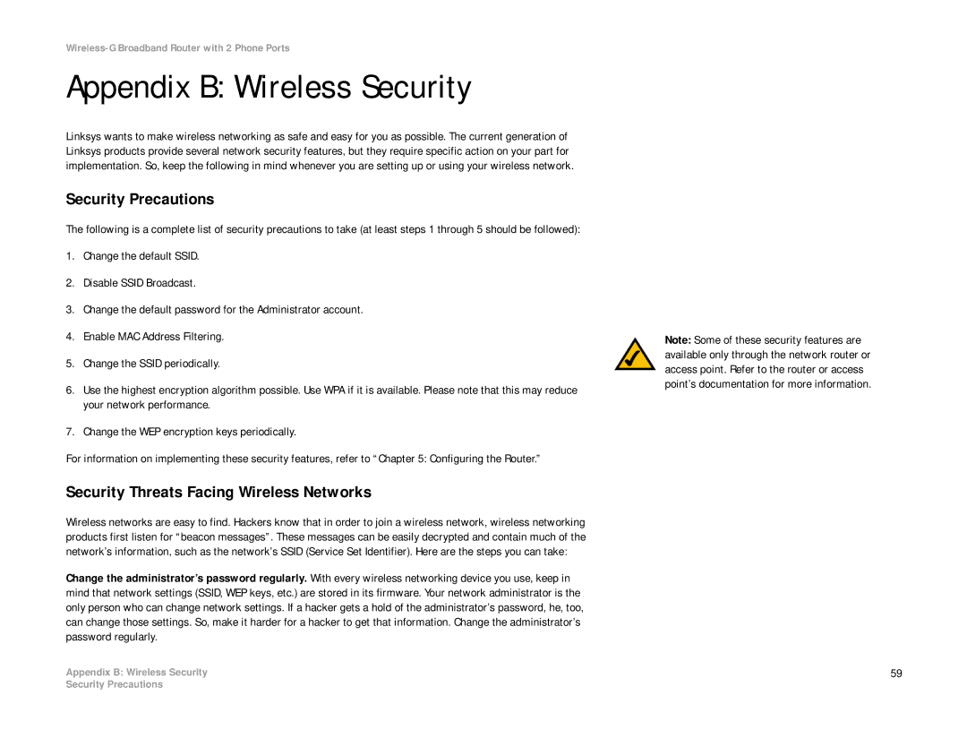 Linksys WRT54GP2A-AT manual Appendix B Wireless Security, Security Precautions, Security Threats Facing Wireless Networks 