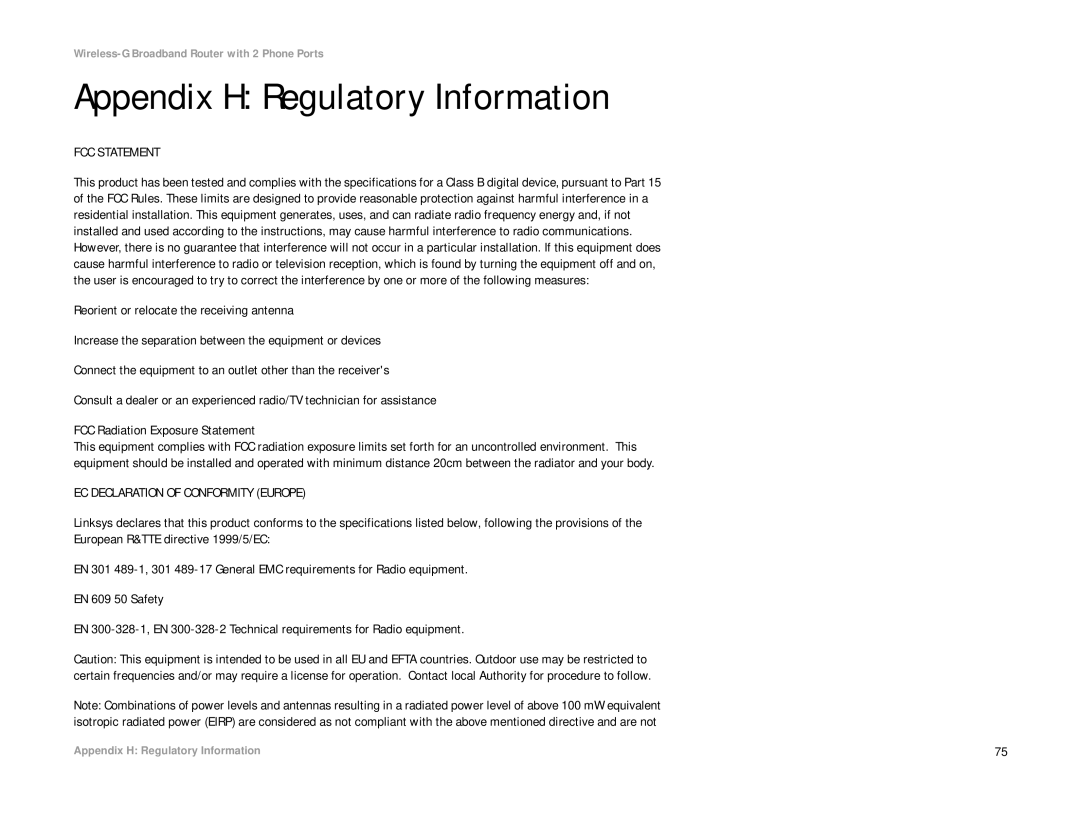 Linksys WRT54GP2A-AT manual Appendix H Regulatory Information, FCC Statement 