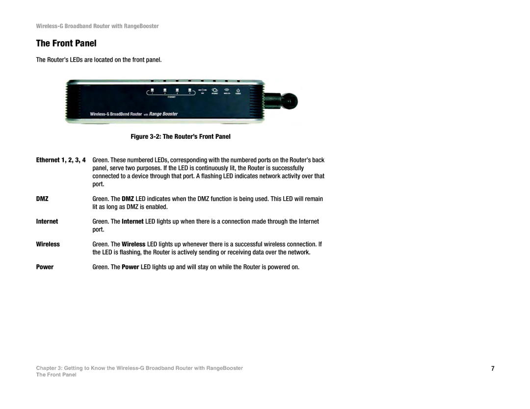 Linksys WRT54GR manual Front Panel, Router’s LEDs are located on the front panel 