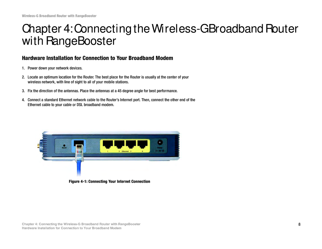 Linksys WRT54GR manual Connecting the Wireless-G Broadband Router with RangeBooster 