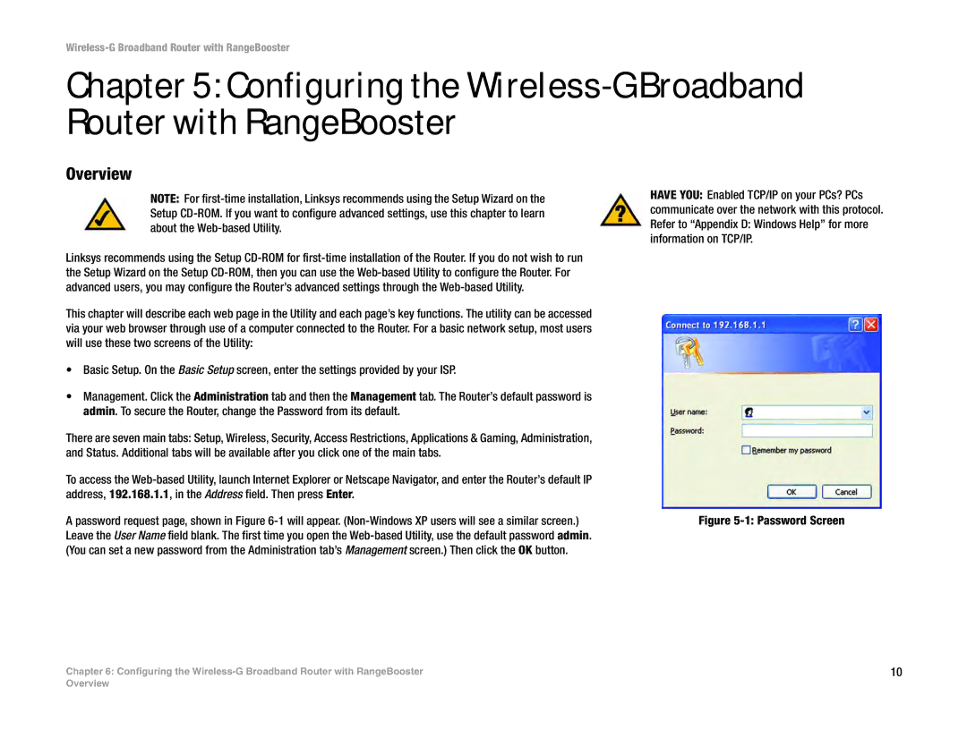 Linksys WRT54GR manual Overview, Password Screen 