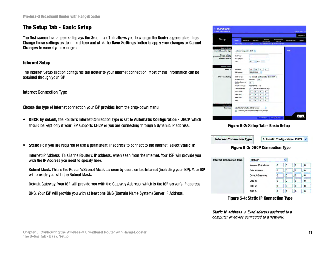 Linksys WRT54GR manual Setup Tab Basic Setup, Internet Setup 