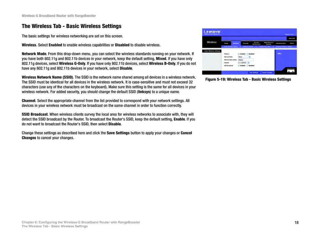 Linksys WRT54GR manual Wireless Tab Basic Wireless Settings, Changes to cancel your changes 