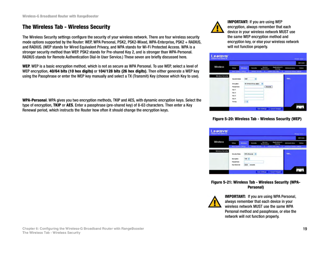 Linksys WRT54GR manual Wireless Tab Wireless Security WEP 