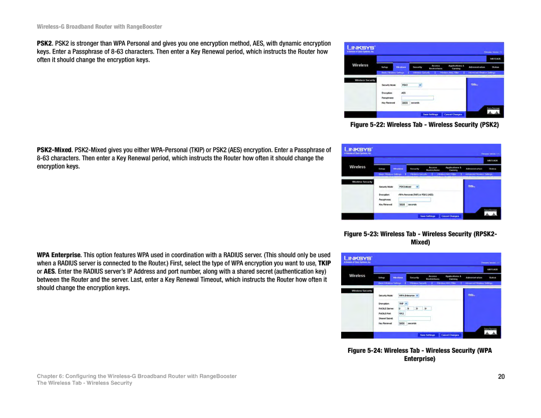 Linksys WRT54GR manual Wireless Tab Wireless Security PSK2 