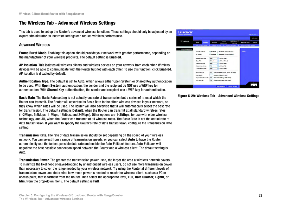 Linksys WRT54GR manual Wireless Tab Advanced Wireless Settings 