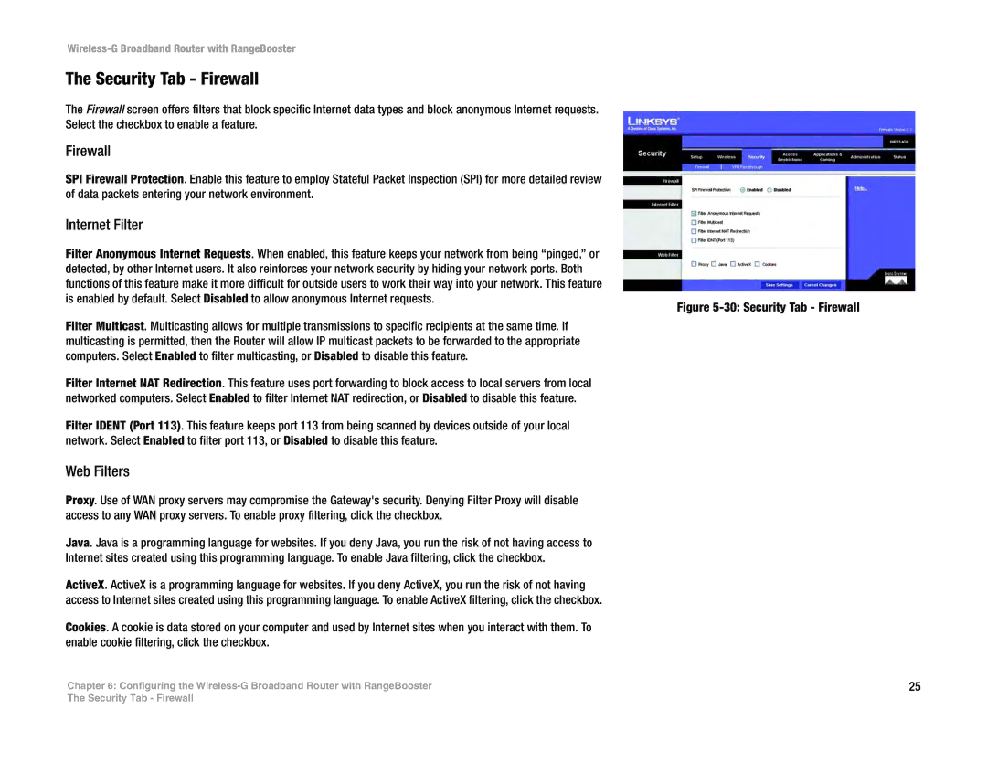 Linksys WRT54GR manual Security Tab Firewall, Internet Filter, Web Filters 