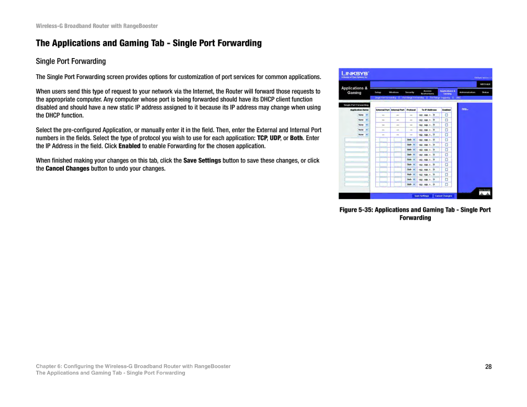 Linksys WRT54GR manual Applications and Gaming Tab Single Port Forwarding 