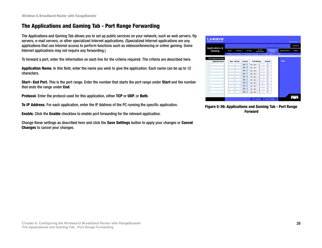 Linksys WRT54GR manual Applications and Gaming Tab Port Range Forwarding 