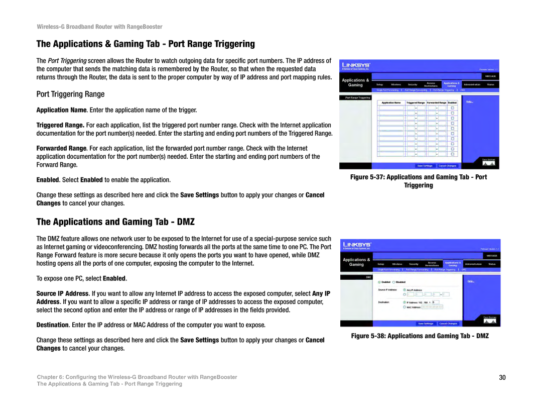 Linksys WRT54GR Applications & Gaming Tab Port Range Triggering, Applications and Gaming Tab DMZ, Port Triggering Range 