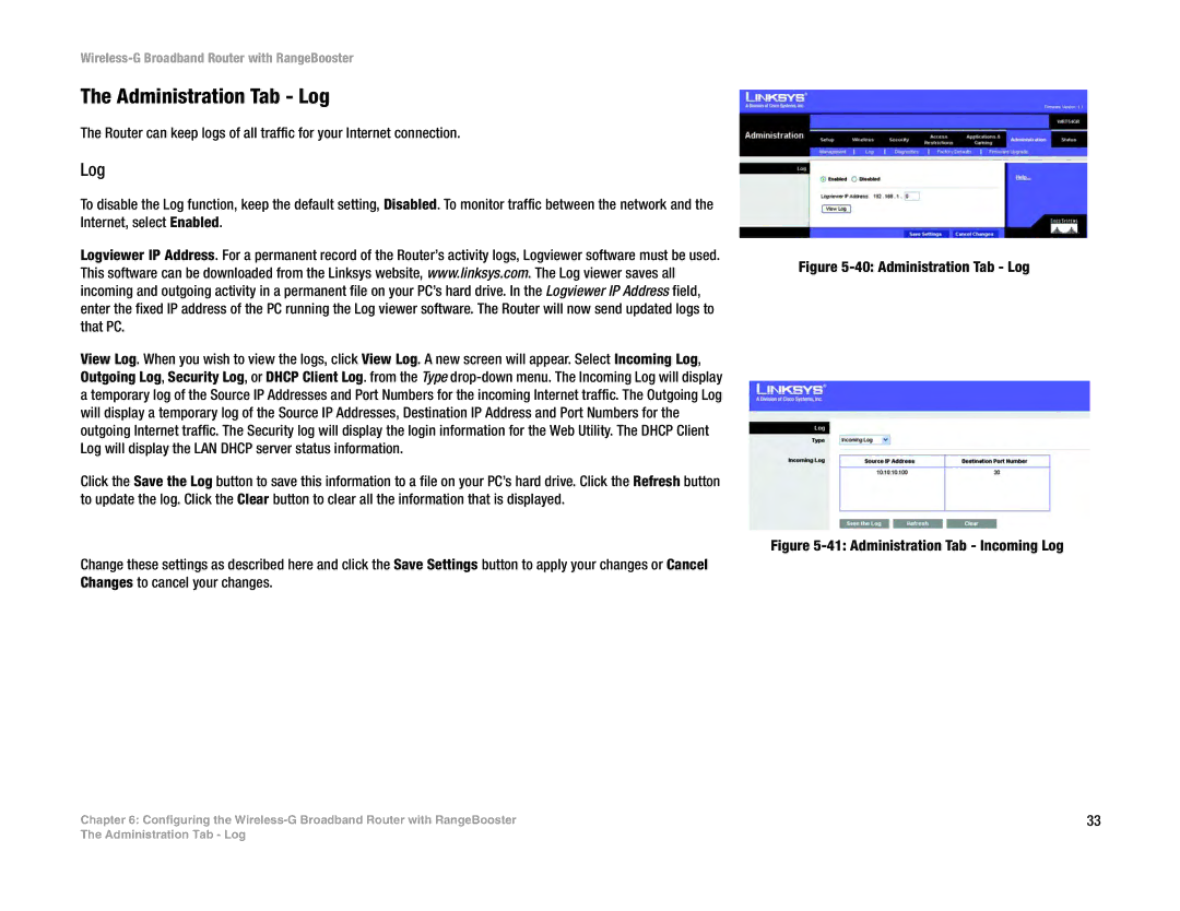 Linksys WRT54GR manual Administration Tab Log 