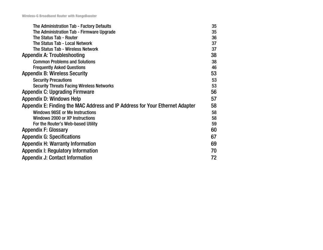 Linksys WRT54GR manual Appendix a Troubleshooting, Appendix B Wireless Security 