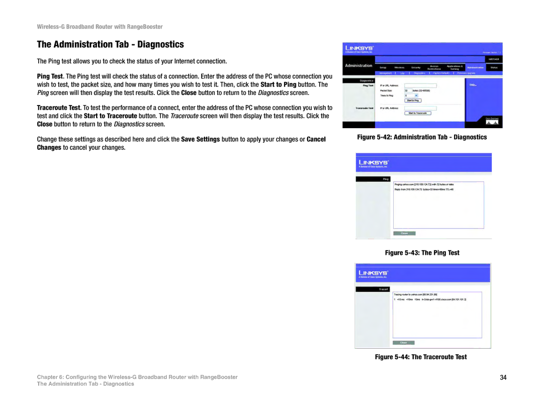 Linksys WRT54GR manual Administration Tab Diagnostics 