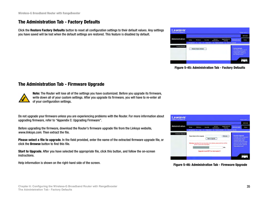 Linksys WRT54GR manual Administration Tab Factory Defaults, Administration Tab Firmware Upgrade 