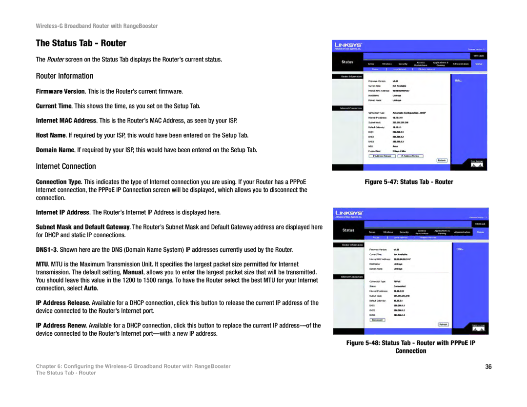 Linksys WRT54GR manual Status Tab Router, Router Information, Internet Connection 