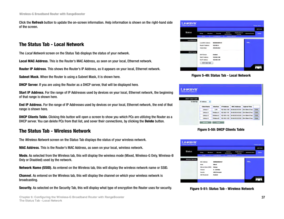 Linksys WRT54GR manual Status Tab Local Network, Status Tab Wireless Network 