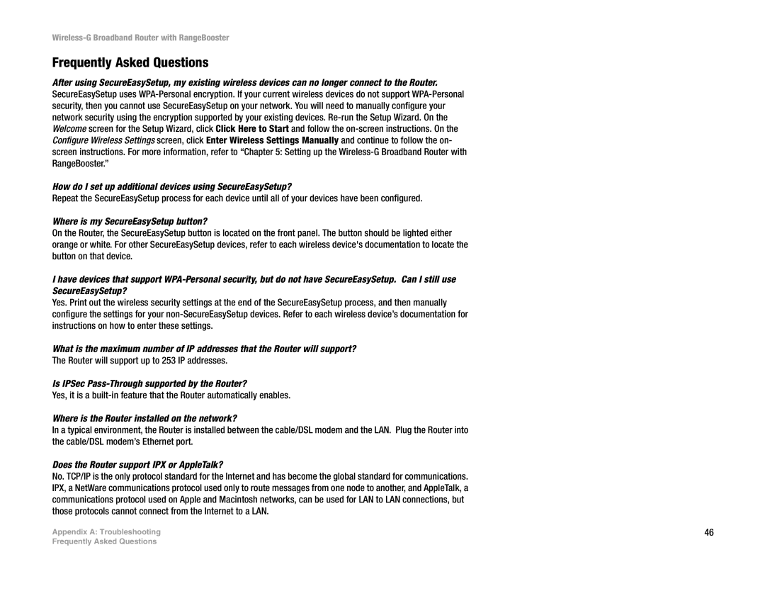 Linksys WRT54GR Frequently Asked Questions, Where is my SecureEasySetup button?, Does the Router support IPX or AppleTalk? 