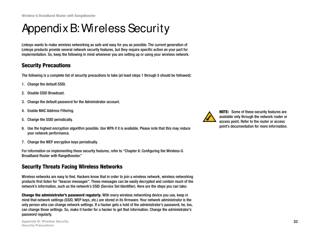 Linksys WRT54GR manual Appendix B Wireless Security, Security Precautions, Security Threats Facing Wireless Networks 