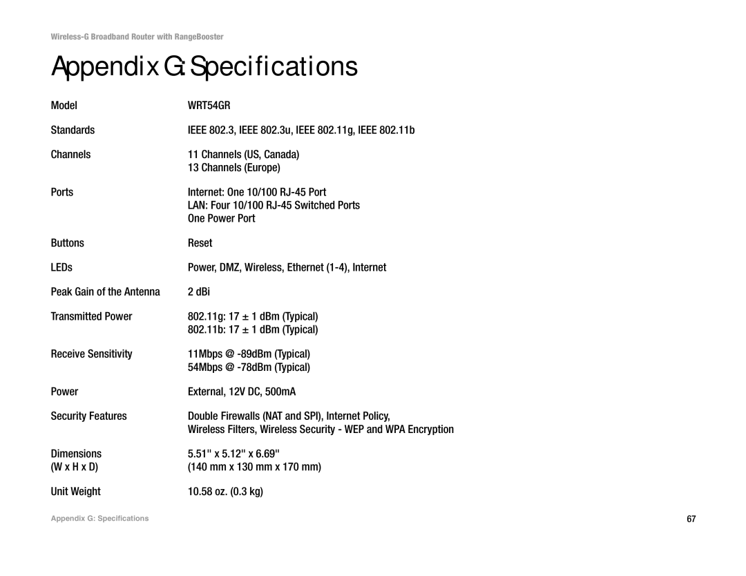 Linksys WRT54GR manual Appendix G Specifications, Model, Standards 