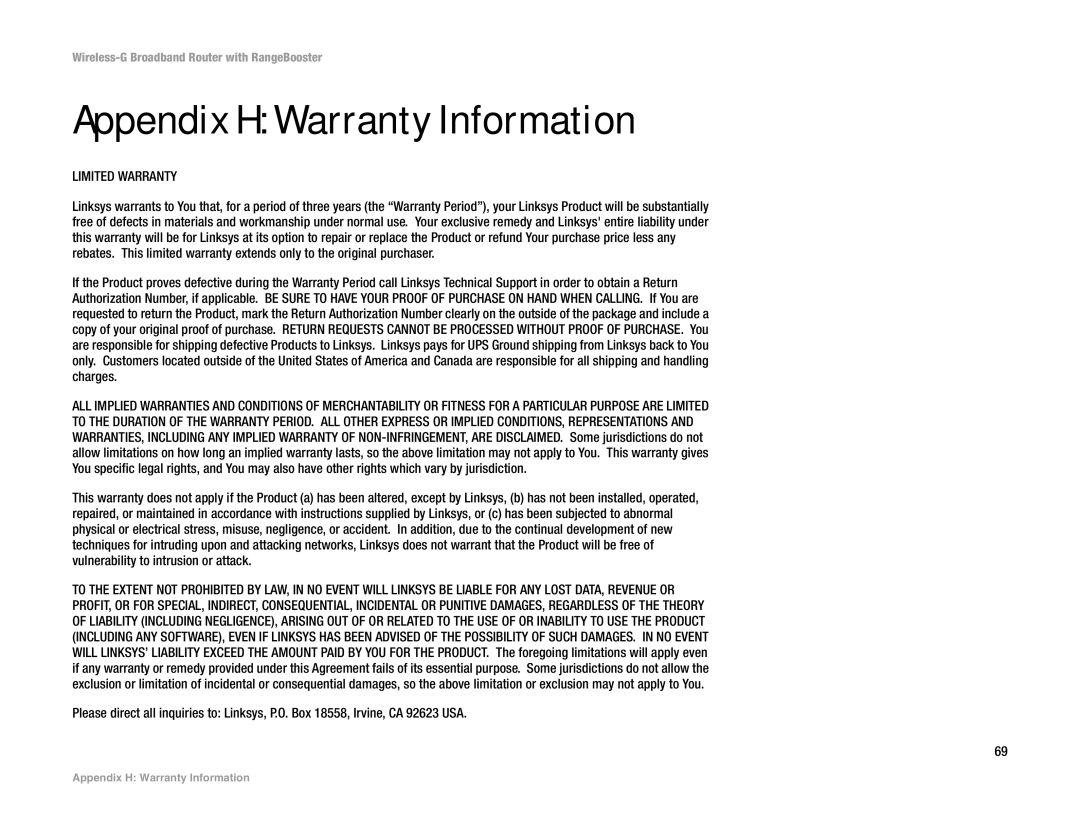 Linksys WRT54GR manual Appendix H Warranty Information, Limited Warranty 