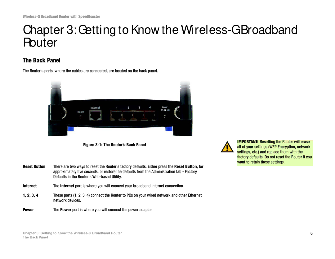 Linksys WRT54GS manual Getting to Know the Wireless-G Broadband Router, Back Panel 