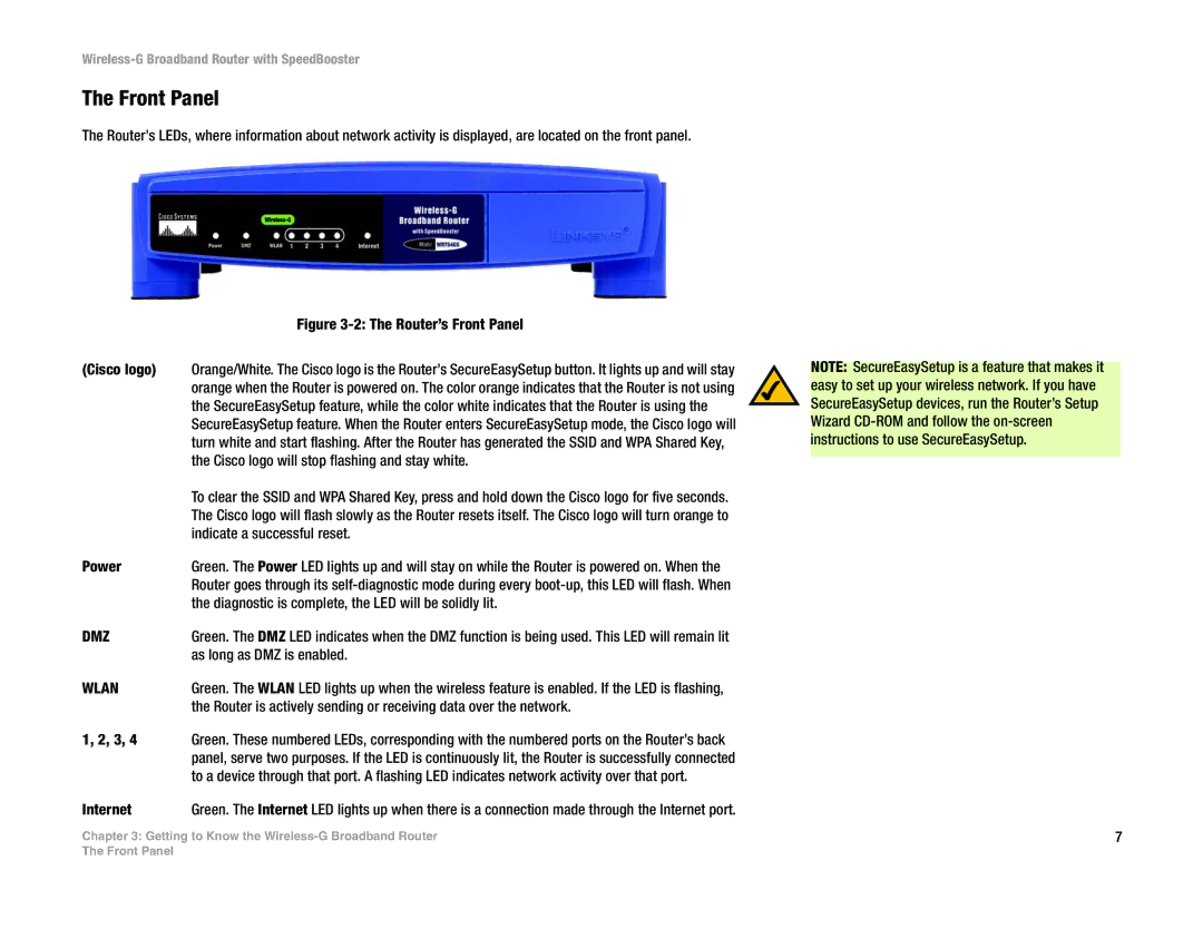 Linksys WRT54GS manual Front Panel, Cisco logo 