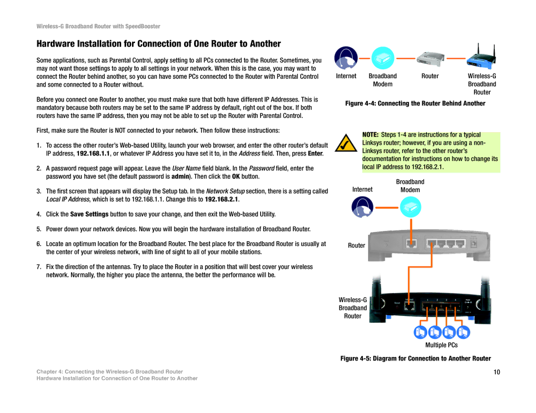 Linksys WRT54GS manual Diagram for Connection to Another Router 