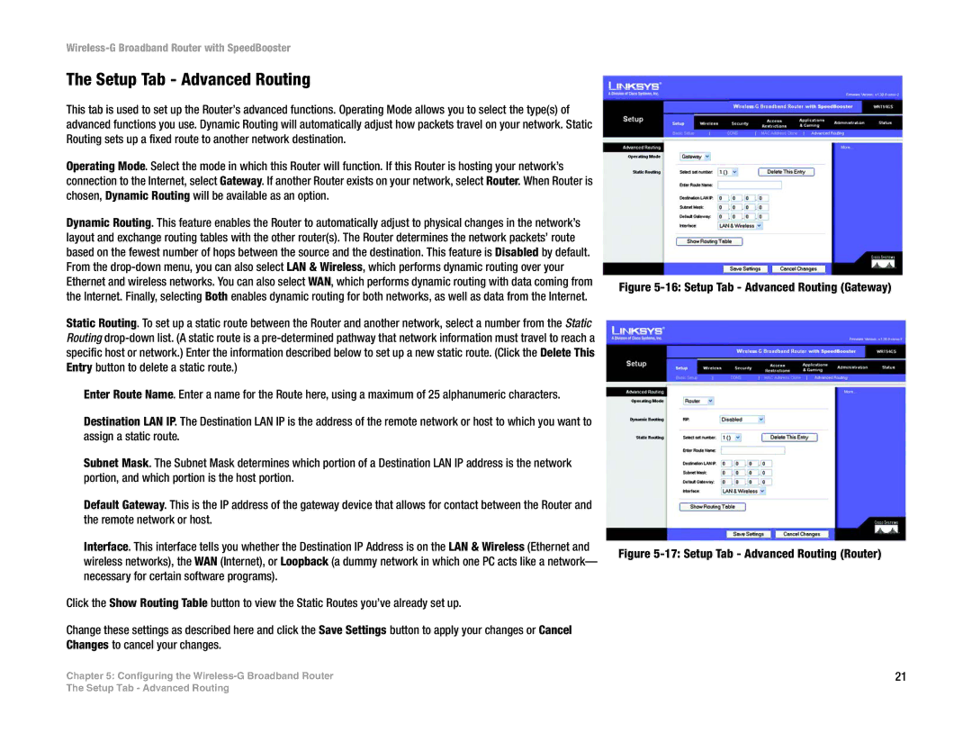 Linksys WRT54GS manual Setup Tab Advanced Routing Gateway 