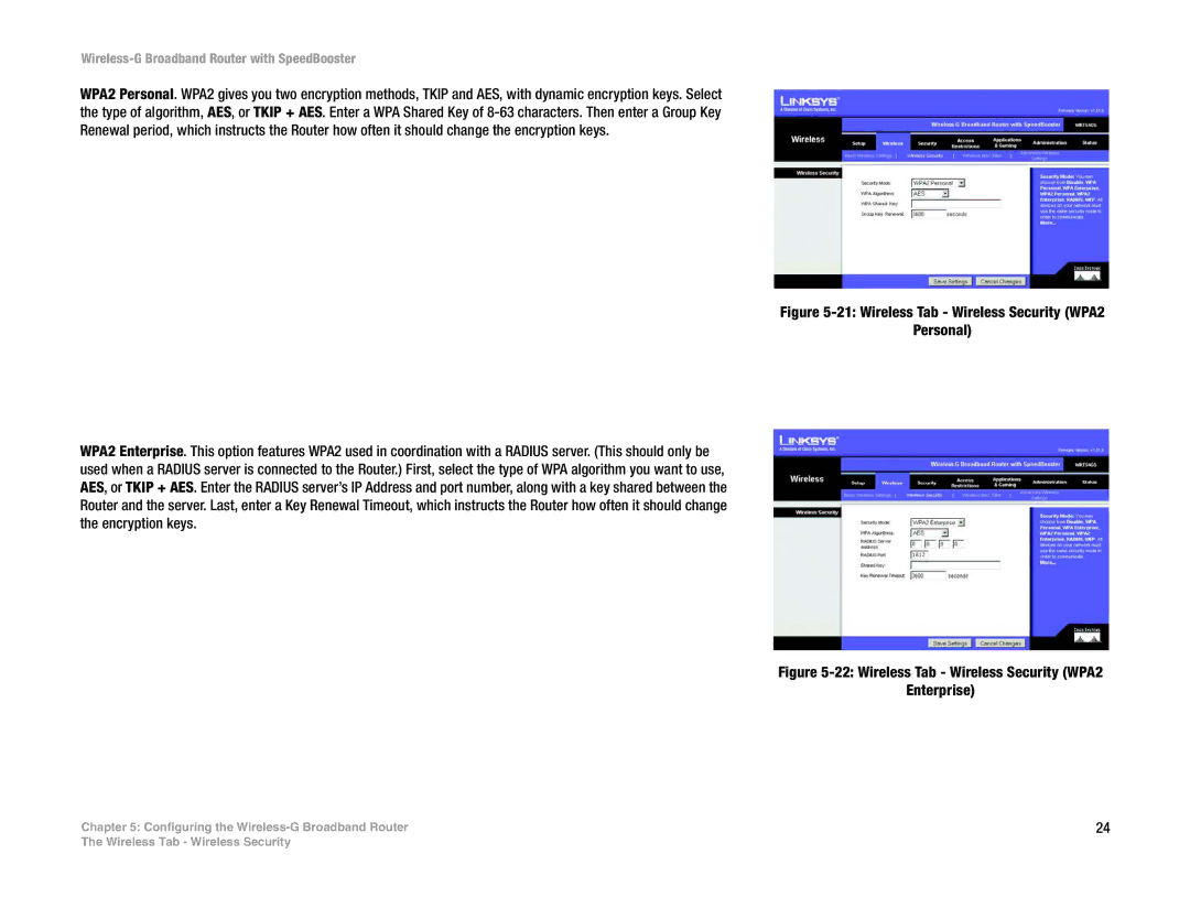 Linksys WRT54GS manual Wireless Tab Wireless Security WPA2 Enterprise 