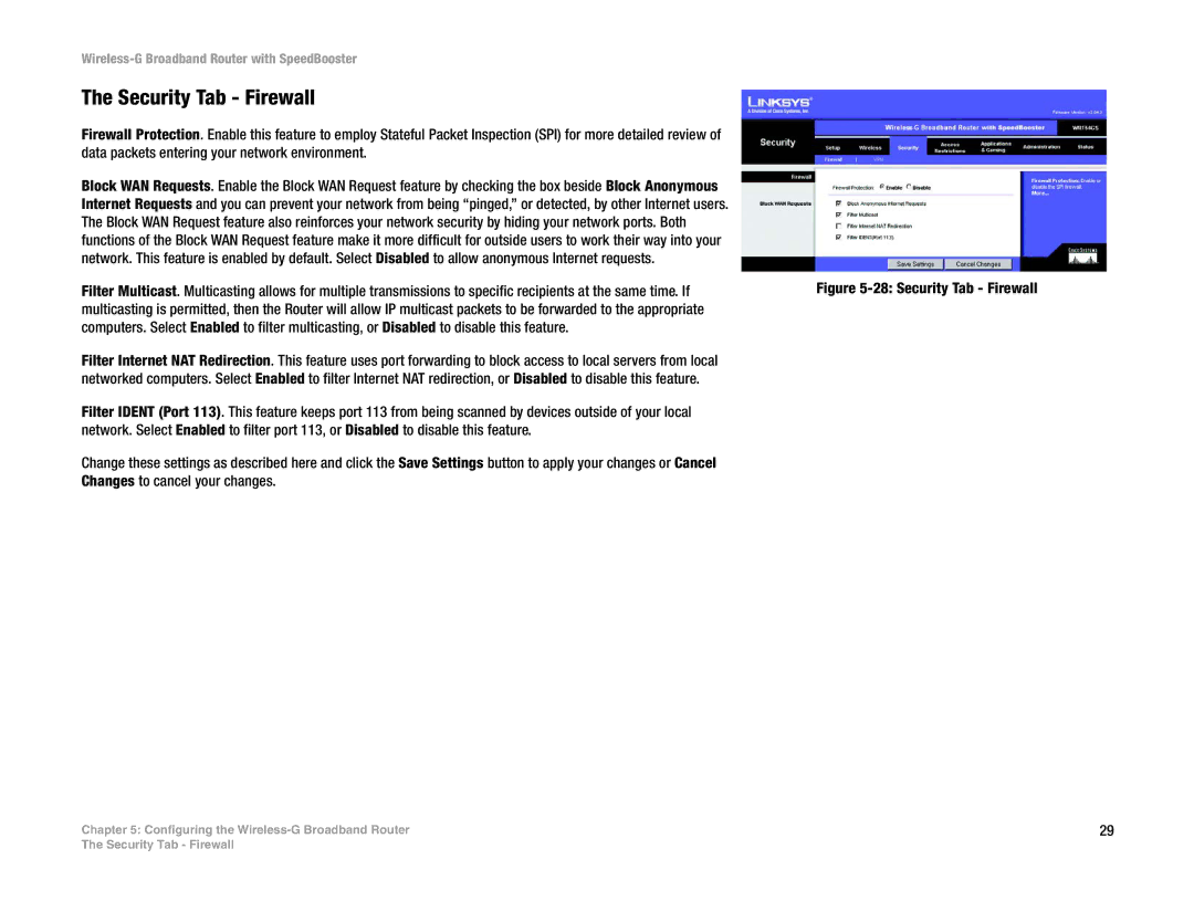 Linksys WRT54GS manual Security Tab Firewall 