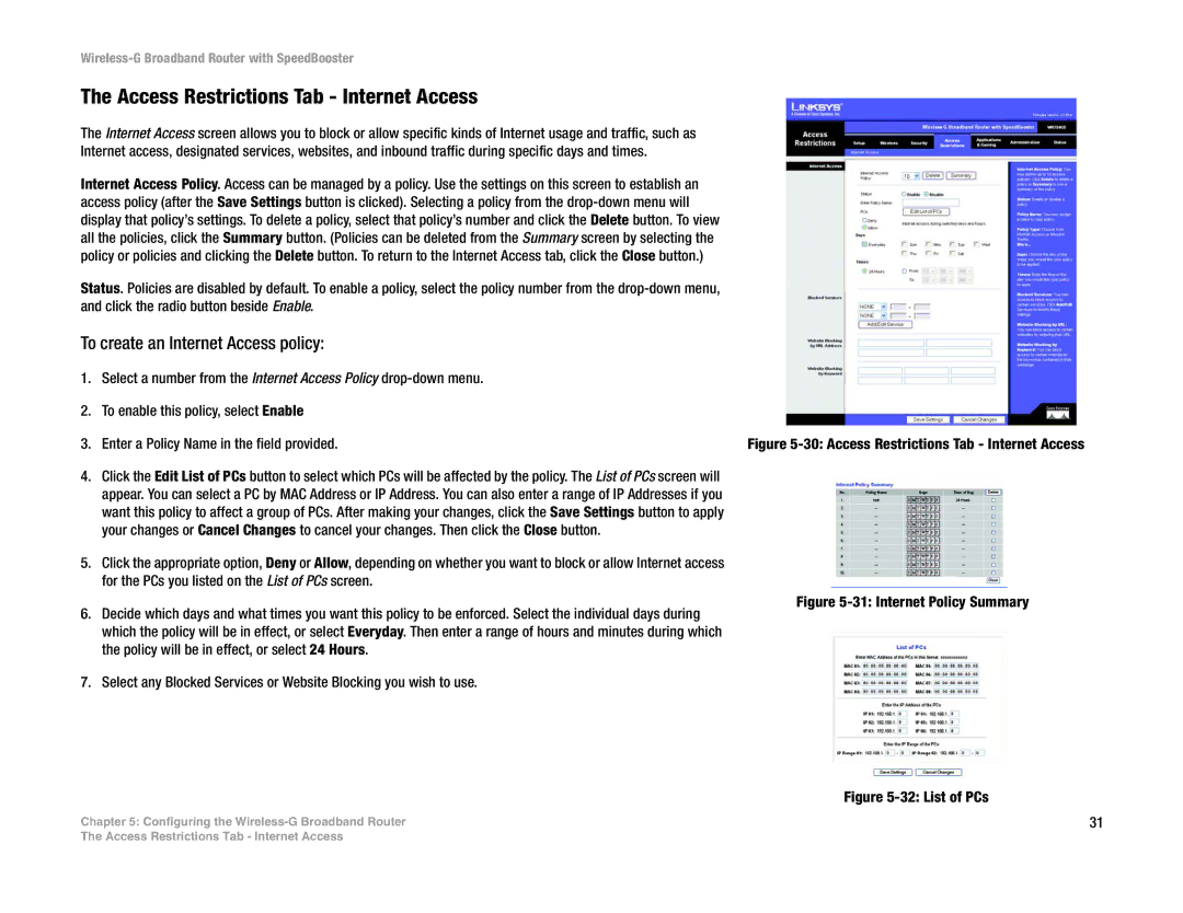 Linksys WRT54GS manual Access Restrictions Tab Internet Access, To create an Internet Access policy 