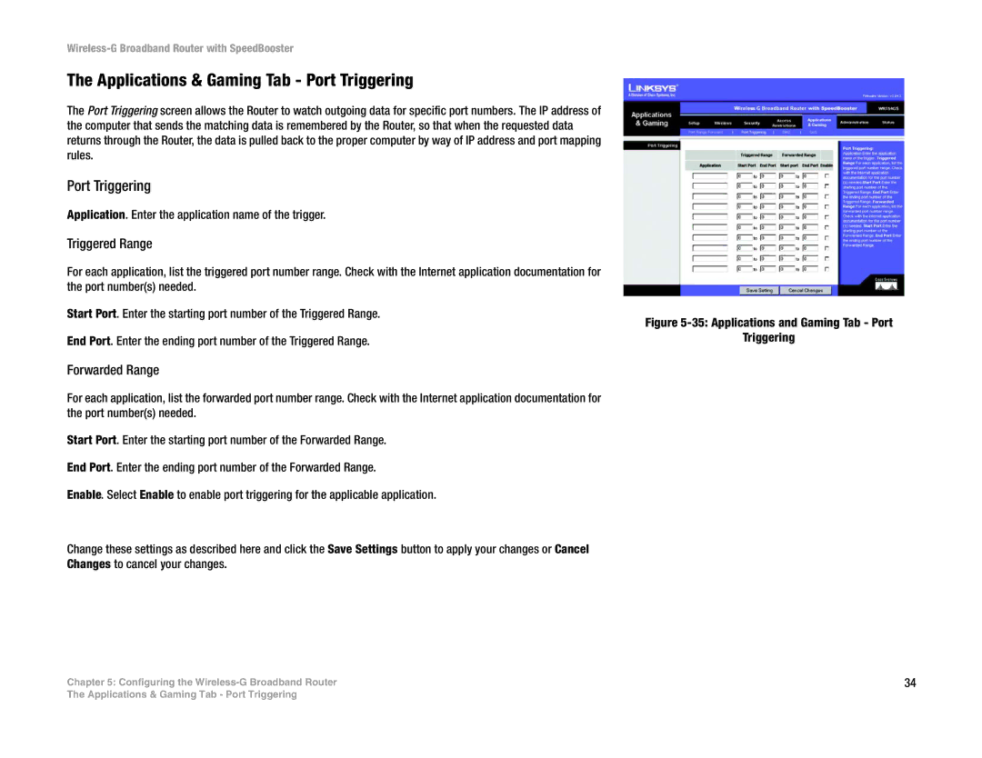 Linksys WRT54GS manual Applications & Gaming Tab Port Triggering 