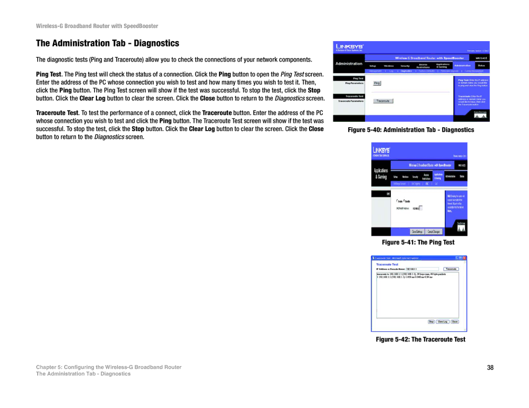 Linksys WRT54GS manual Administration Tab Diagnostics 