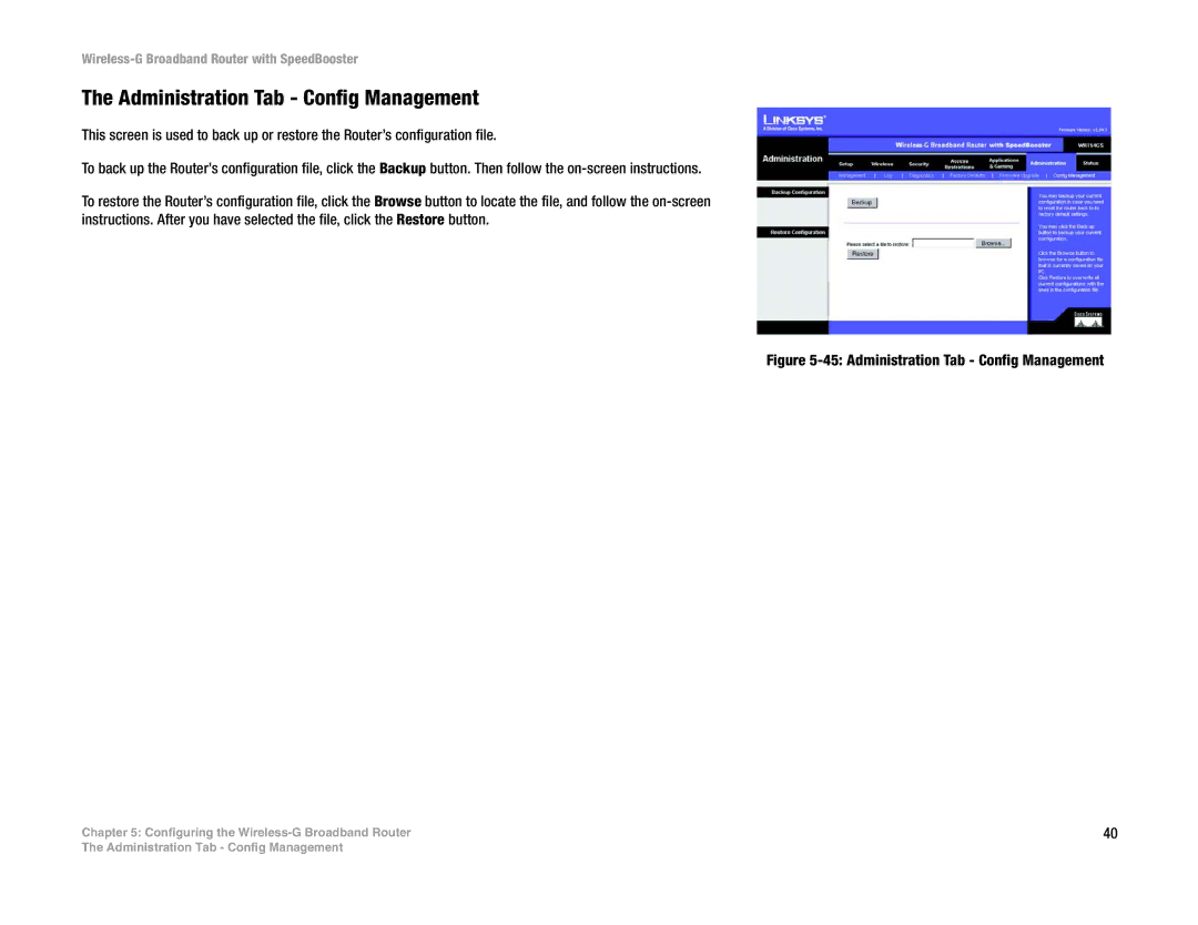 Linksys WRT54GS manual Administration Tab Config Management 