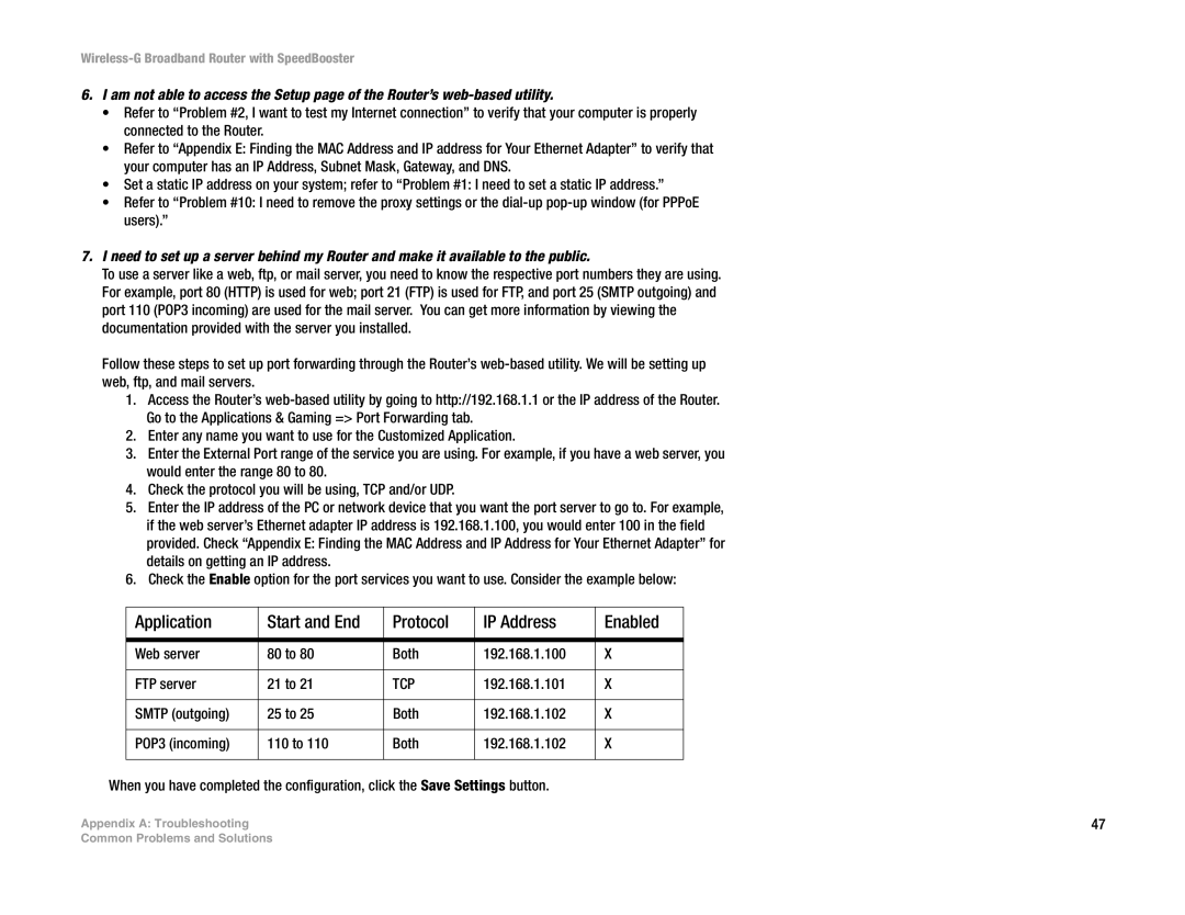 Linksys WRT54GS manual Application Start and End Protocol IP Address Enabled 