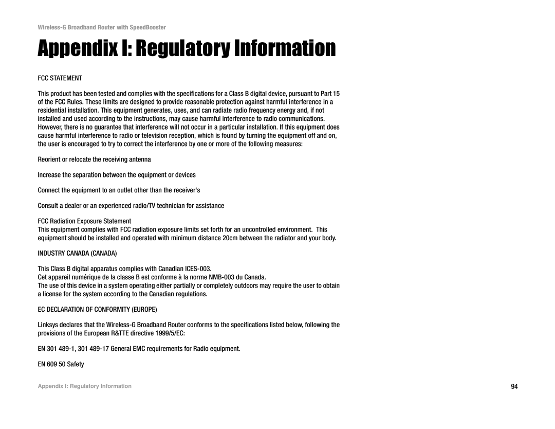 Linksys WRT54GS manual Appendix I Regulatory Information, FCC Statement 