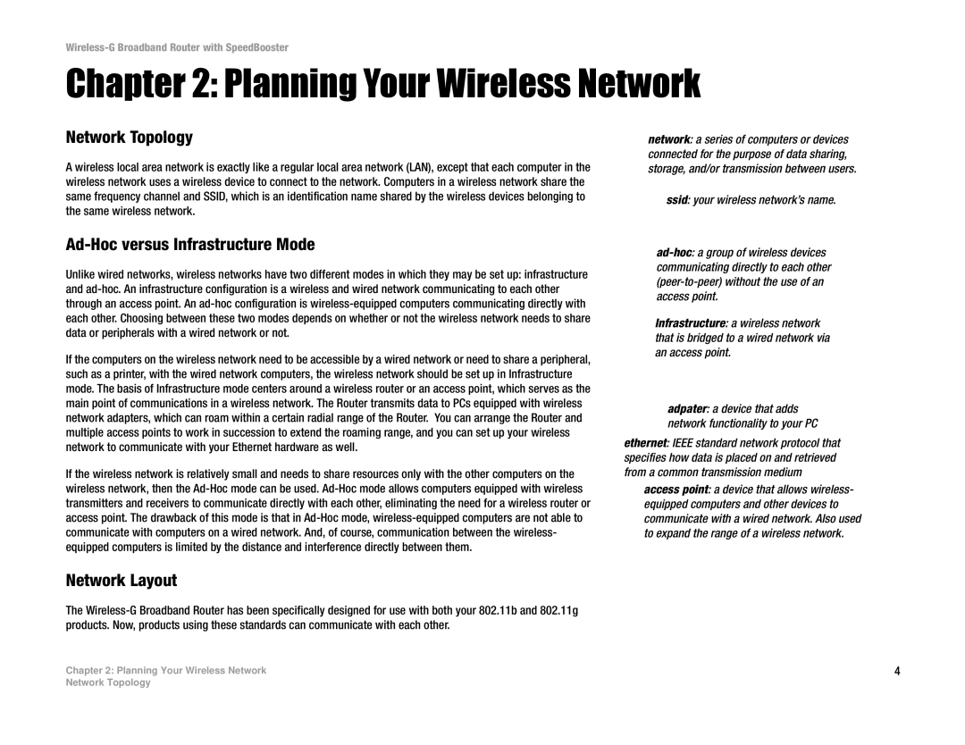 Linksys WRT54GS manual Planning Your Wireless Network, Network Topology, Ad-Hoc versus Infrastructure Mode, Network Layout 