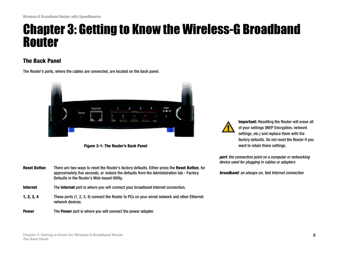 Linksys WRT54GS manual Getting to Know the Wireless-G Broadband Router, Back Panel 