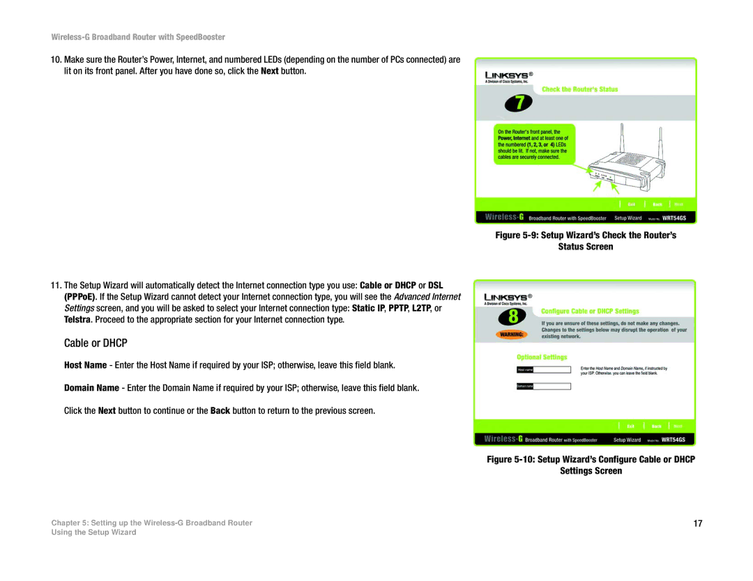 Linksys WRT54GS manual Cable or Dhcp, Setup Wizard’s Check the Router’s Status Screen 